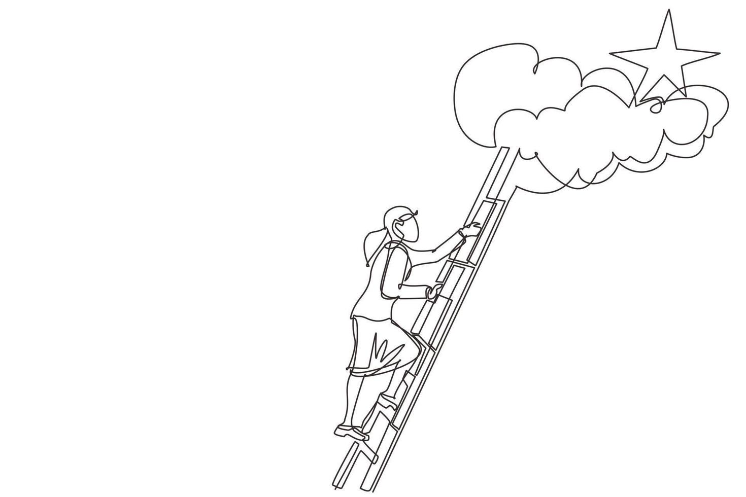 Single one line drawing businesswoman climbing ladder to reach out for stars. Businesswoman climbing to goal. Motivation to be success, winner, finish, win. Continuous line draw design graphic vector