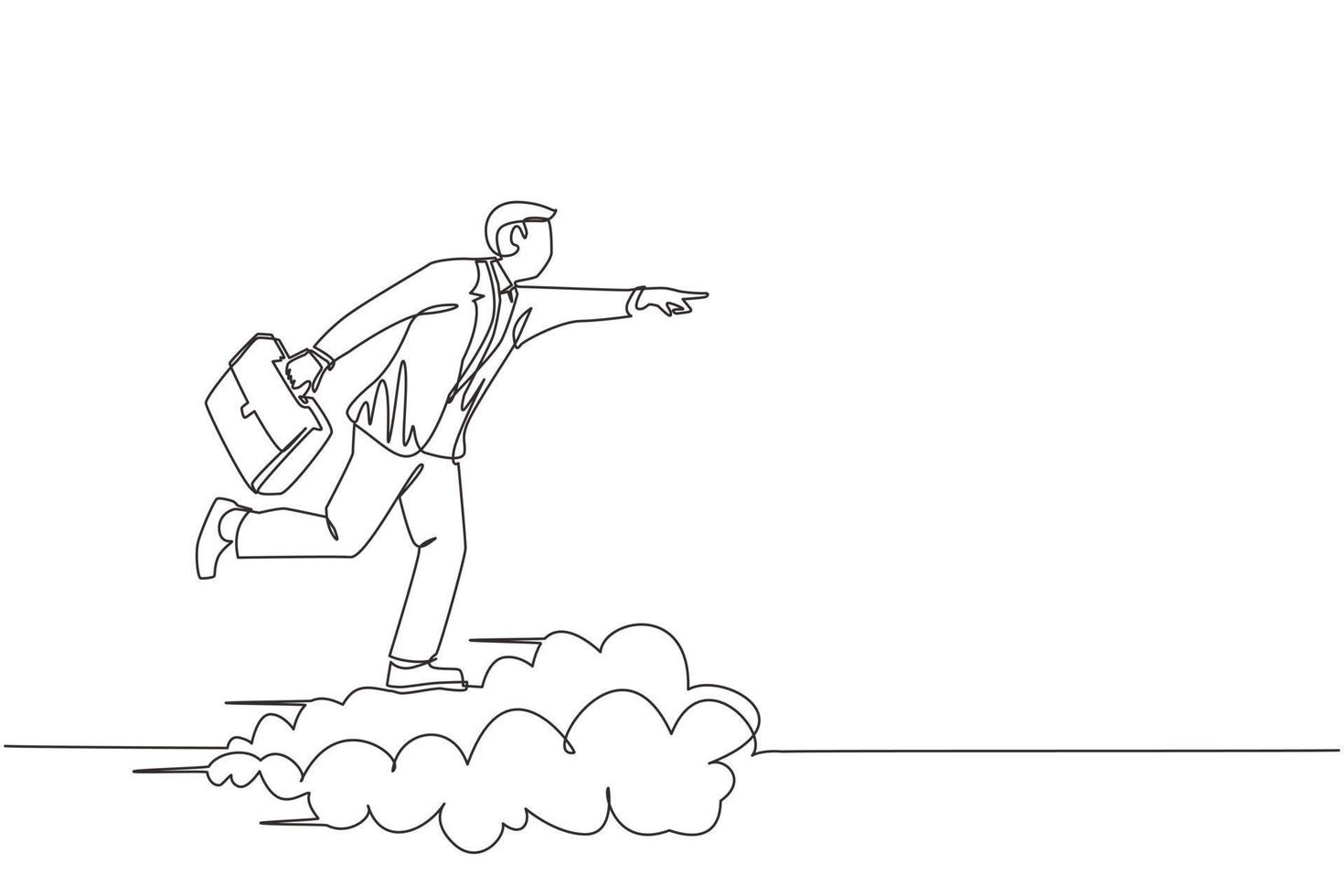 Single one line drawing businessman holding briefcase ride cloud, pointing forward, go to future, business concept. Man on cloud way to success. Continuous line draw design graphic vector illustration