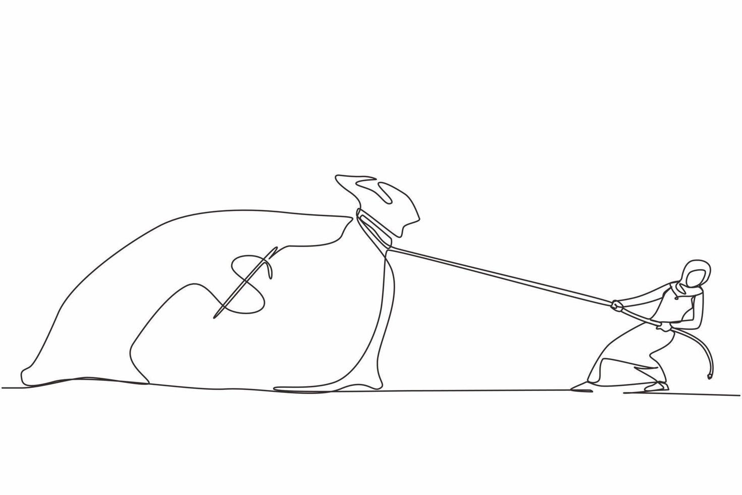 Single one line drawing Arab businesswoman is struggling to pull big bag of money because it is too heavy. Corporate competition or business challenge. Continuous line draw design vector illustration