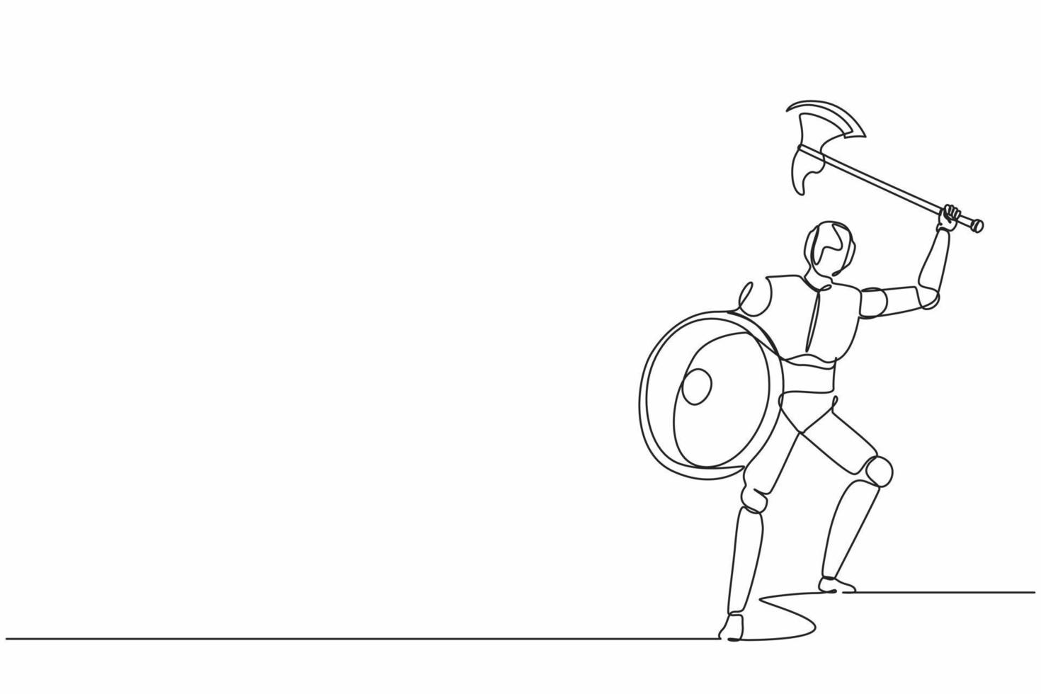 Single continuous line drawing robot with axe and shield furiously attacks. Modern robotics artificial intelligence technology. Electronic technology industry. One line draw design vector illustration