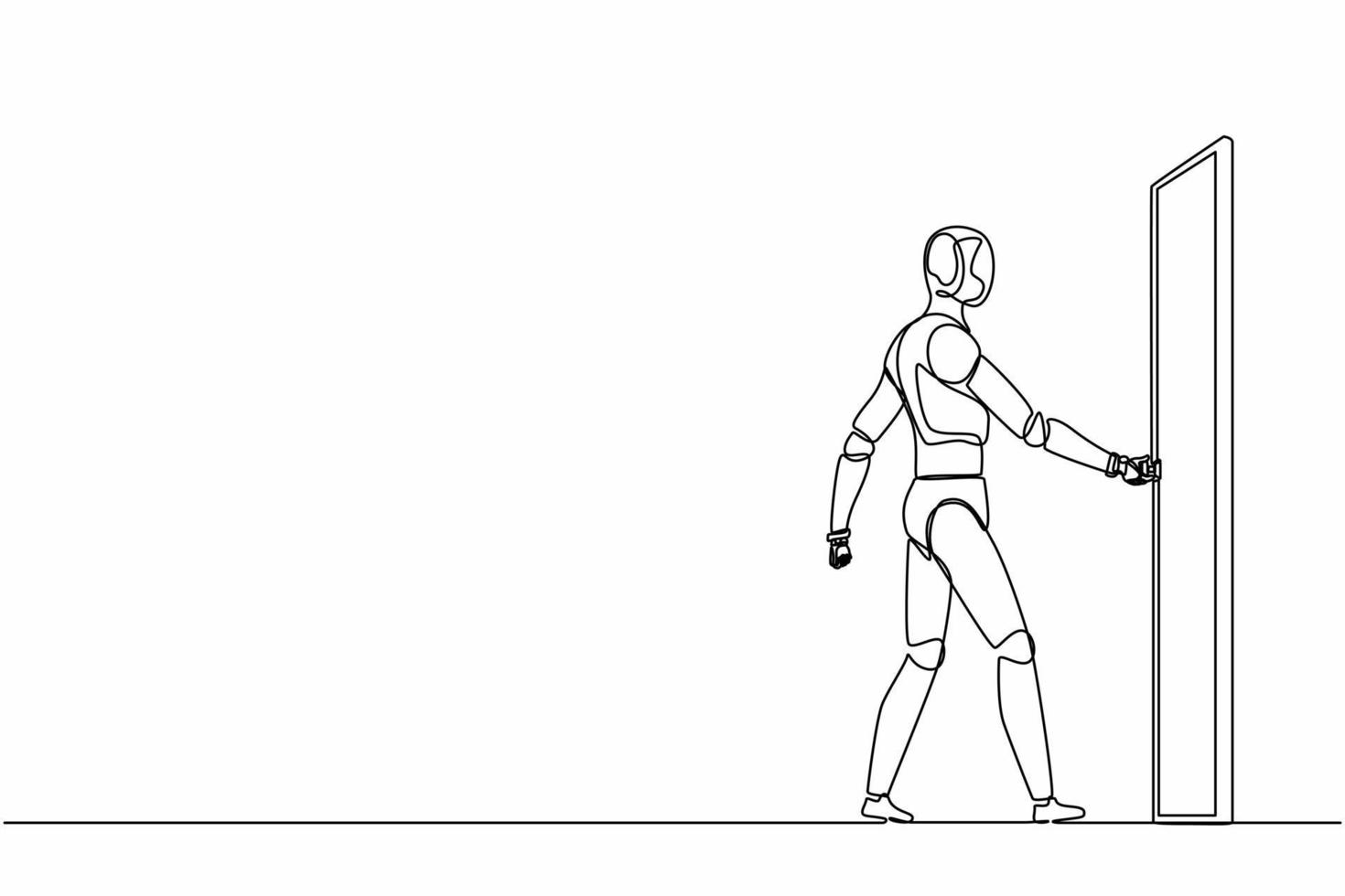 Single continuous line drawing robots holding door knob and enter work space. Modern robotics artificial intelligence technology. Electronic technology industry. One line draw graphic design vector