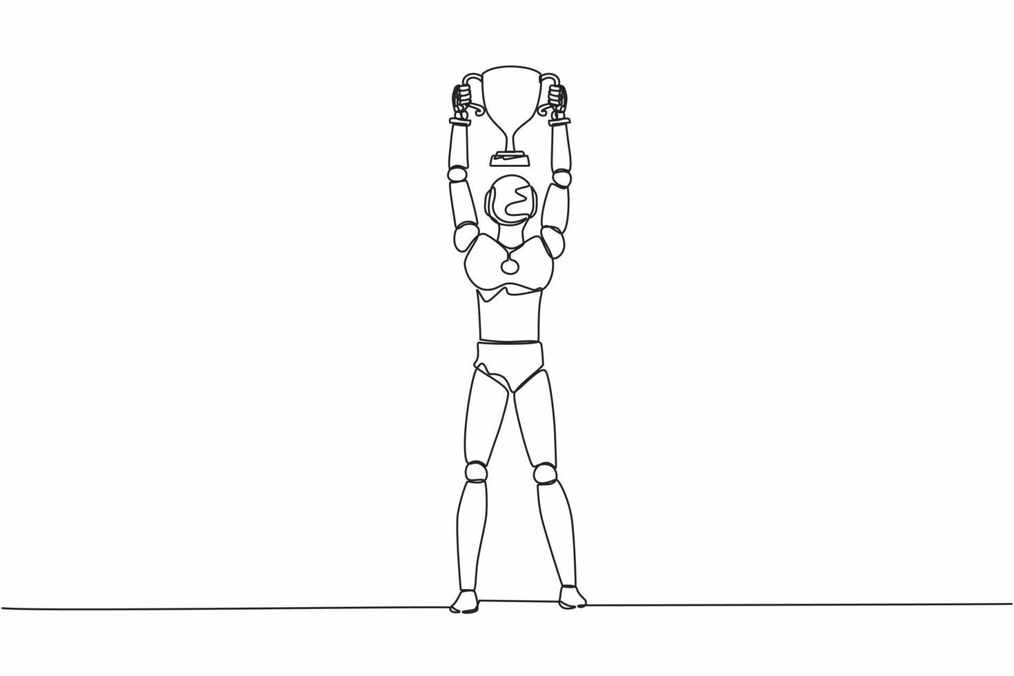 Continuous one line drawing robot holding trophy with two hands. Showing award celebrates his victory. Humanoid robot cybernetic organism. Future robotic. Single line draw design vector illustration