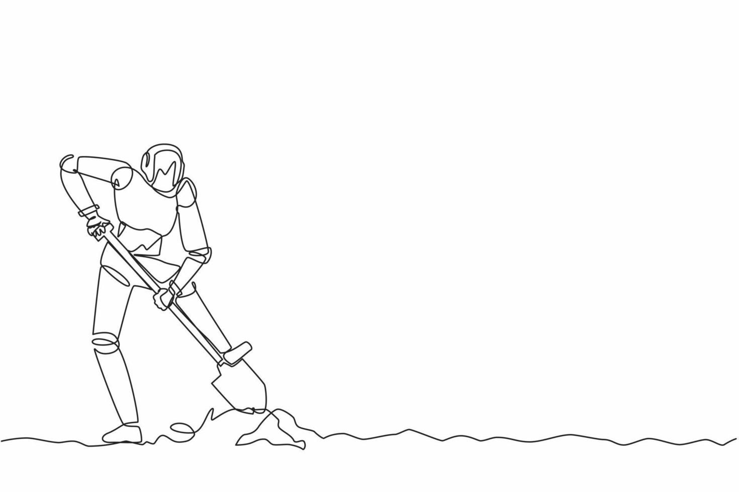 Continuous one line drawing robot step on shovel and digging in dirt to find chest treasure. Humanoid robot cybernetic organism. Future robotics development. Single line design vector illustration