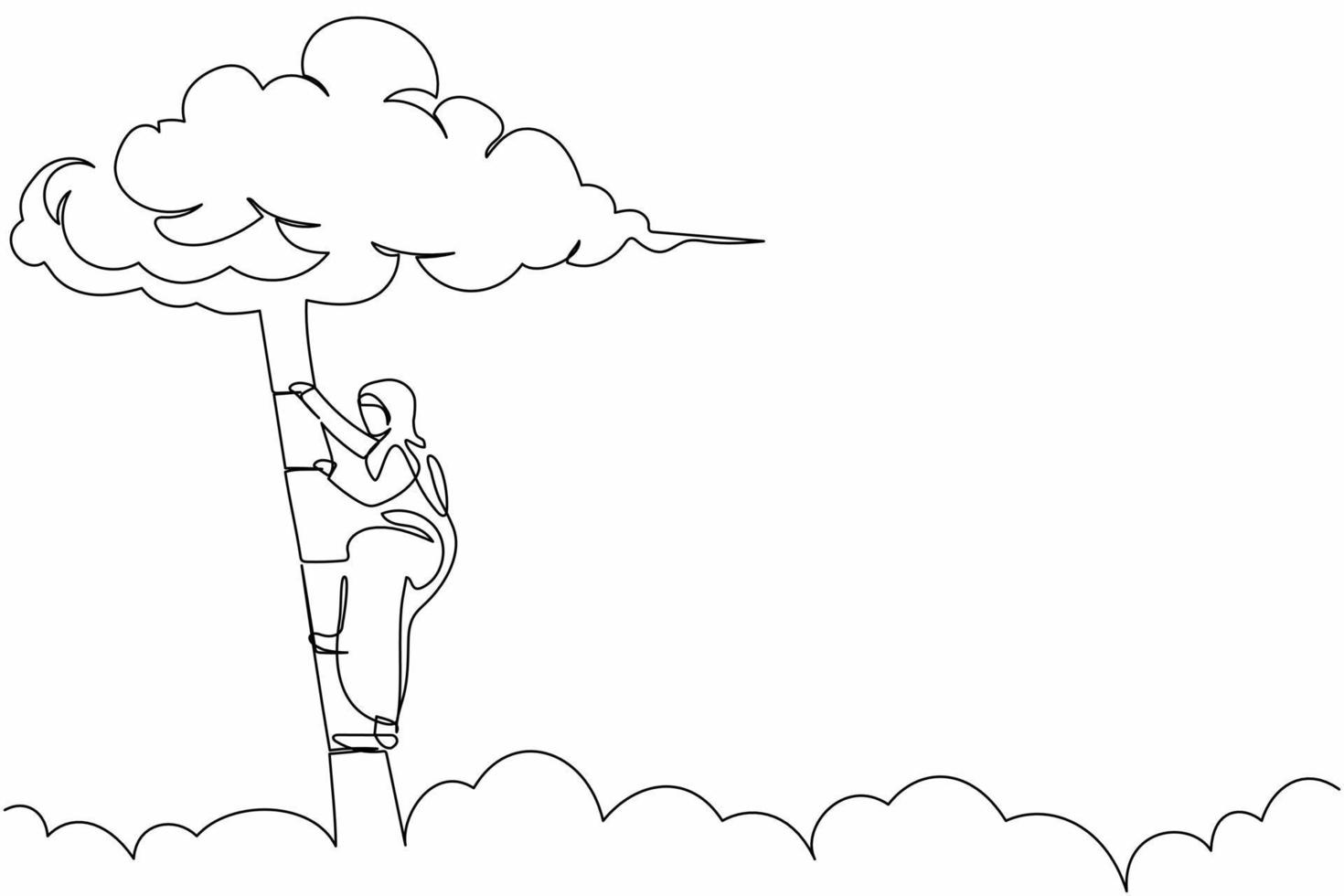 Single one line drawing Arabian businesswoman climbing up ladder to cloud. Professional career growth promotion. Business development program. Continuous line draw design graphic vector illustration