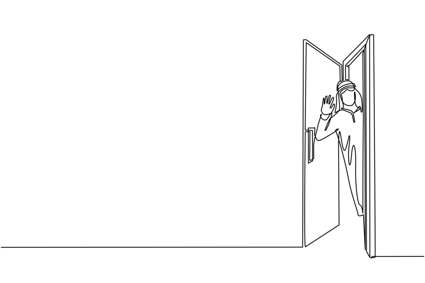 Continuous one line drawing Arabic businessman looking from behind open door. Man peeking of door and wave hands. Cheerful male standing in doorway. Single line draw design vector graphic illustration