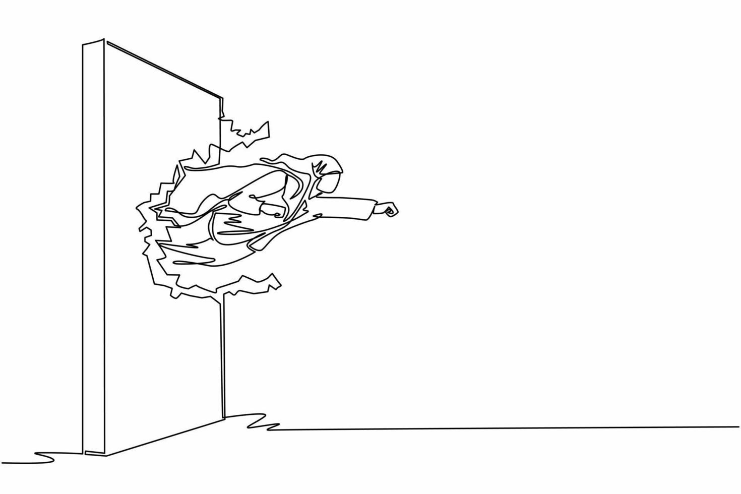 Single continuous line drawing super Arab businesswoman punches and breaks wall. Flying man breaks wall. Business concept power, success and overcome difficulties. One line draw graphic design vector