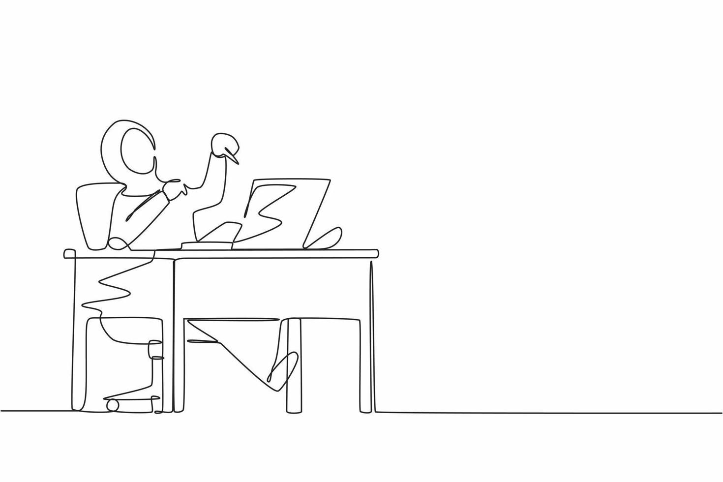 Continuous one line drawing Arabic woman manager laughing out loud while pointing her finger at laptop. Happiness, business success, win, leader, development concept. Single line design vector graphic