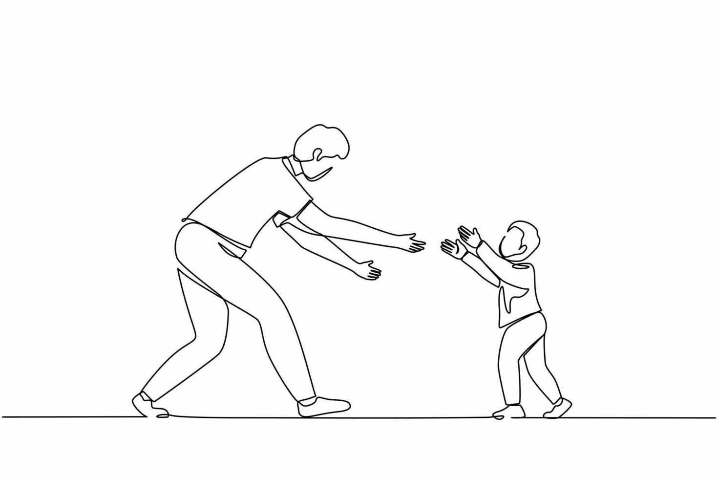 Continuous one line drawing little boy running to his dad. Child happy to greet dad returning home from business trip. Dad stretching hands to son. Cheerful kid and parent. Single line design vector