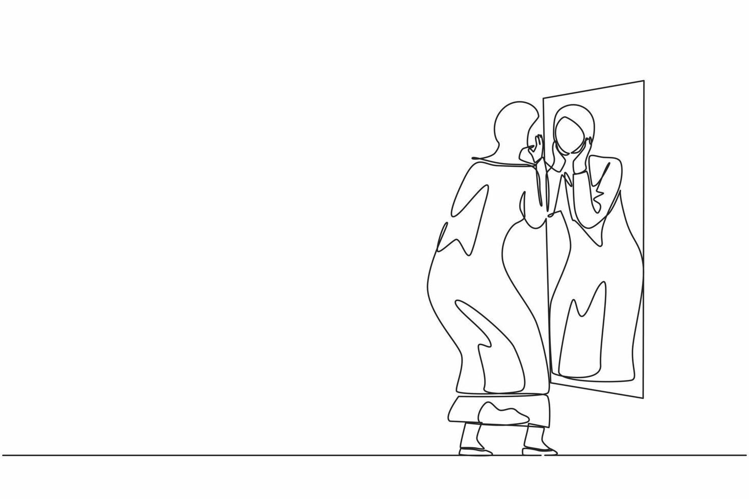Single continuous line drawing Arabian businesswoman holding her face on reflection mirror. Woman applying lotion on face after bathing or wash her face, looking at mirror. One line draw design vector