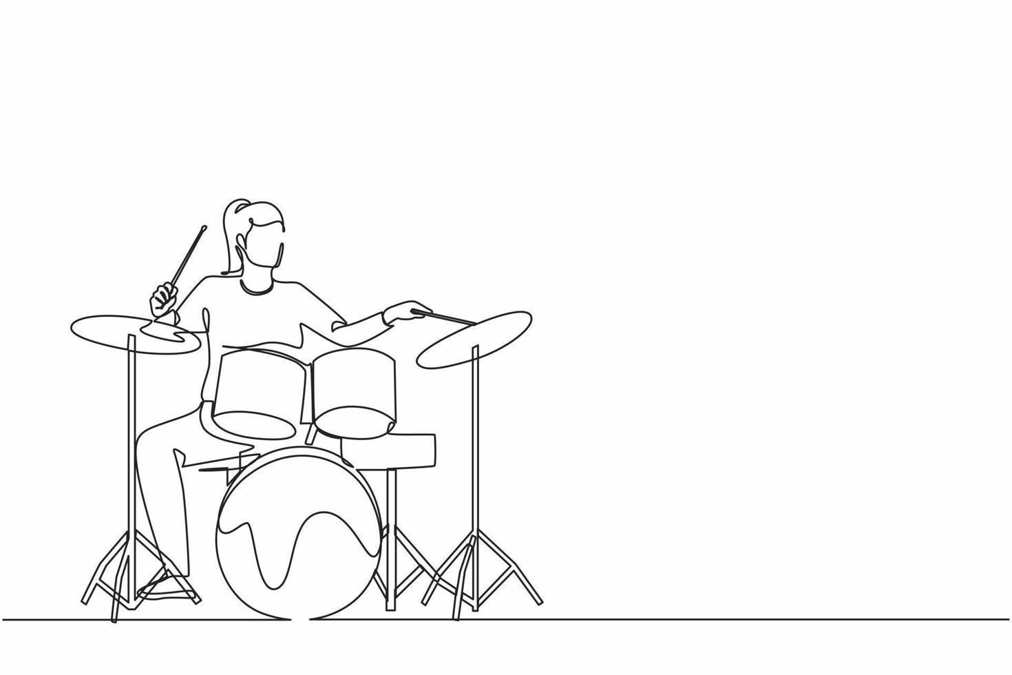 Single one line drawing female musician, jazz, rock and roll playing drum instruments, percussion. Music festival, pop concert, wedding party performance. Continuous line draw design graphic vector