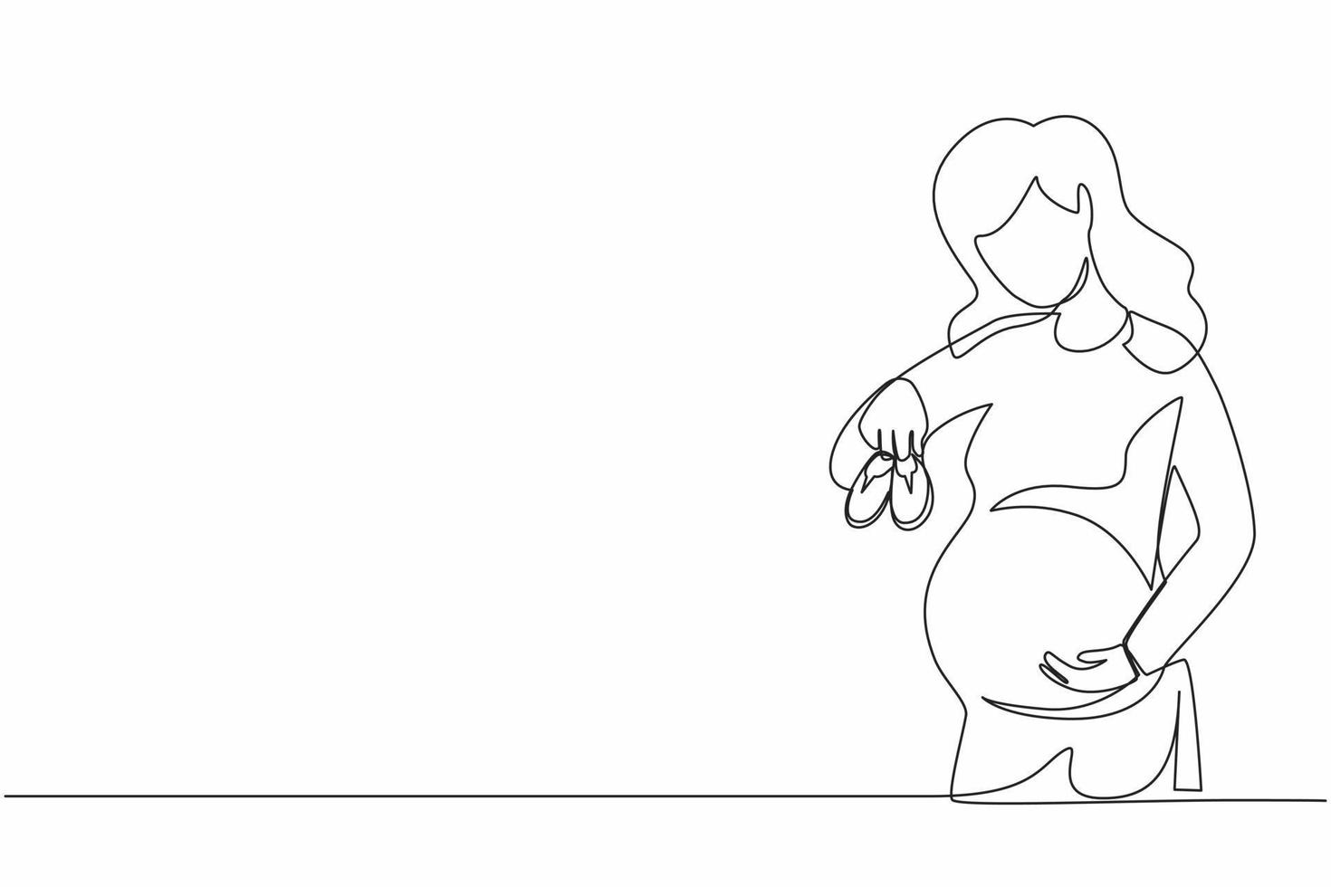 Single continuous line drawing small shoes for unborn baby in belly of pregnant woman. Pregnant woman holding small baby shoes relaxing at home in bedroom. Dynamic one line draw graphic design vector