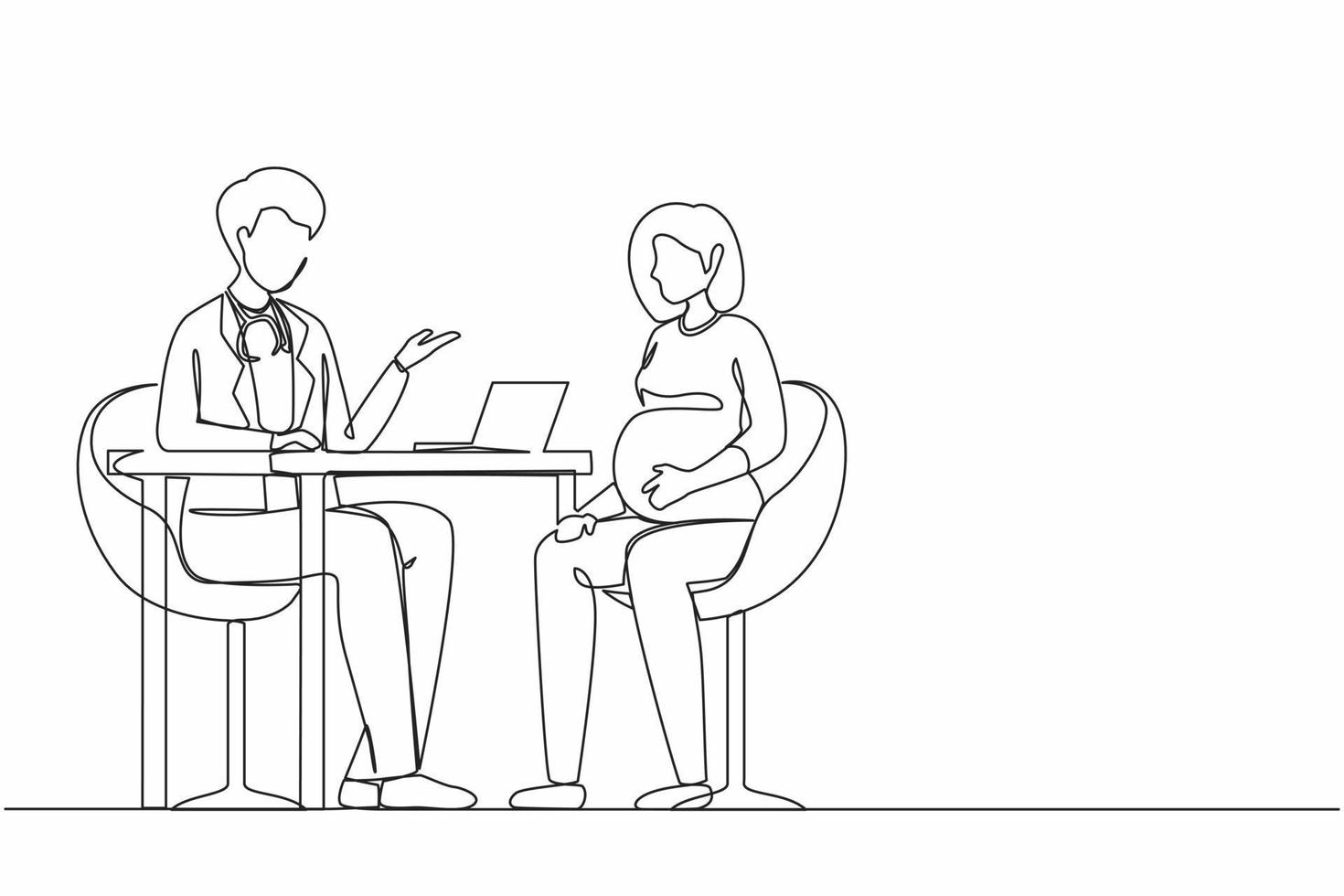 Single continuous line drawing pregnant woman on consultation with doctor. Pregnancy and maternity. Happy female character expecting for baby. Dynamic one line draw graphic design vector illustration