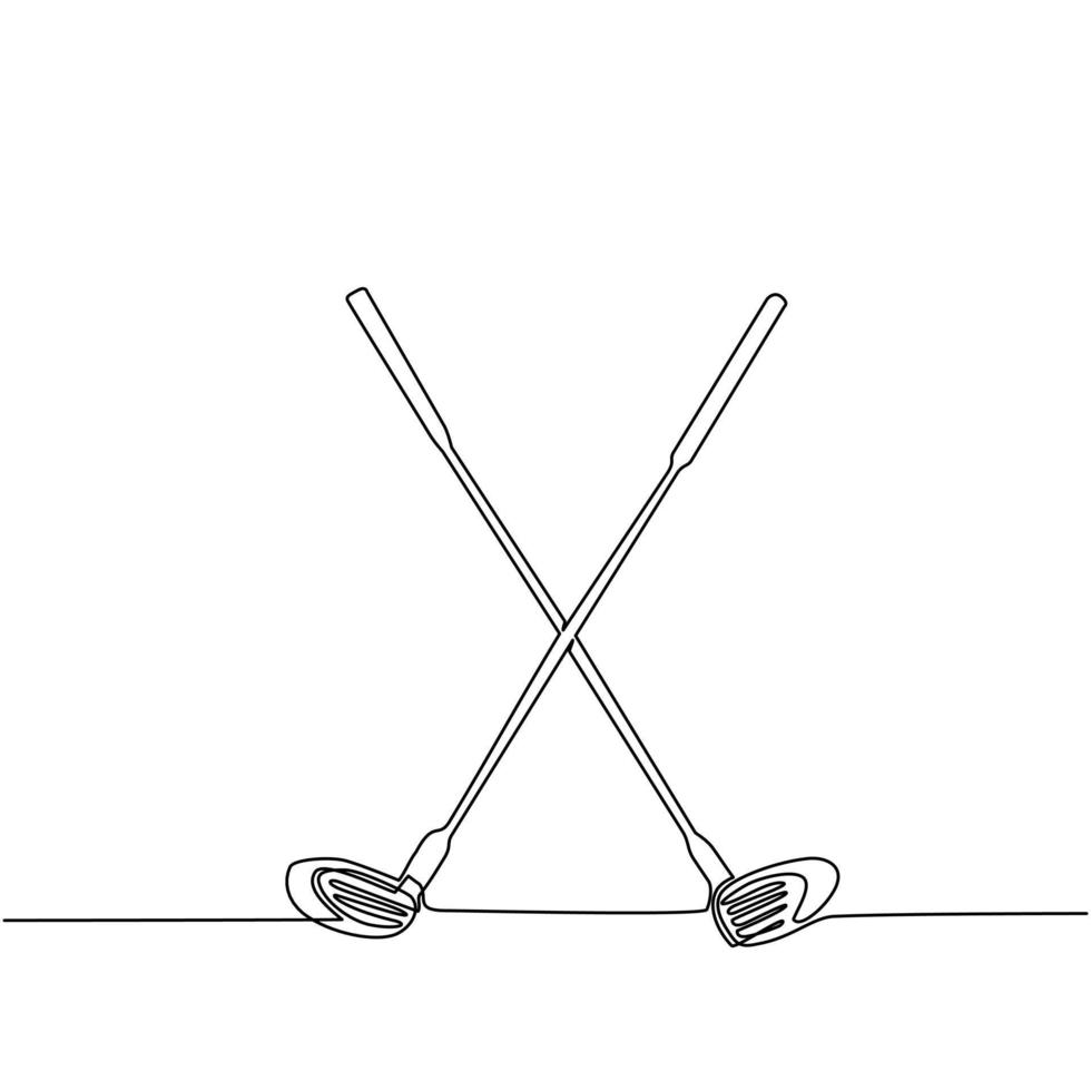 Single one line drawing two crossed golf clubs and ball. Golf equipment logo icon in trendy flat style isolated. Symbol for your web site, logo, app, UI. Continuous line draw design graphic vector