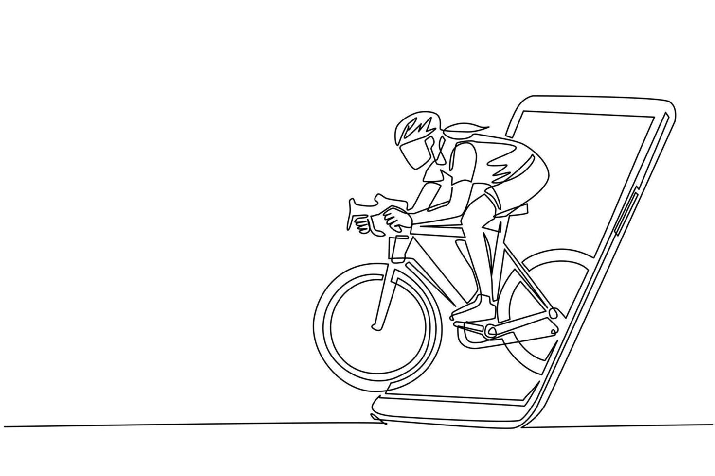 dibujo de una sola línea continua mujer corredora de bicicletas se enfoca en entrenar su velocidad en la sesión de entrenamiento saliendo de la pantalla del teléfono inteligente. Partidos deportivos móviles. vector de diseño gráfico de dibujo dinámico de una línea