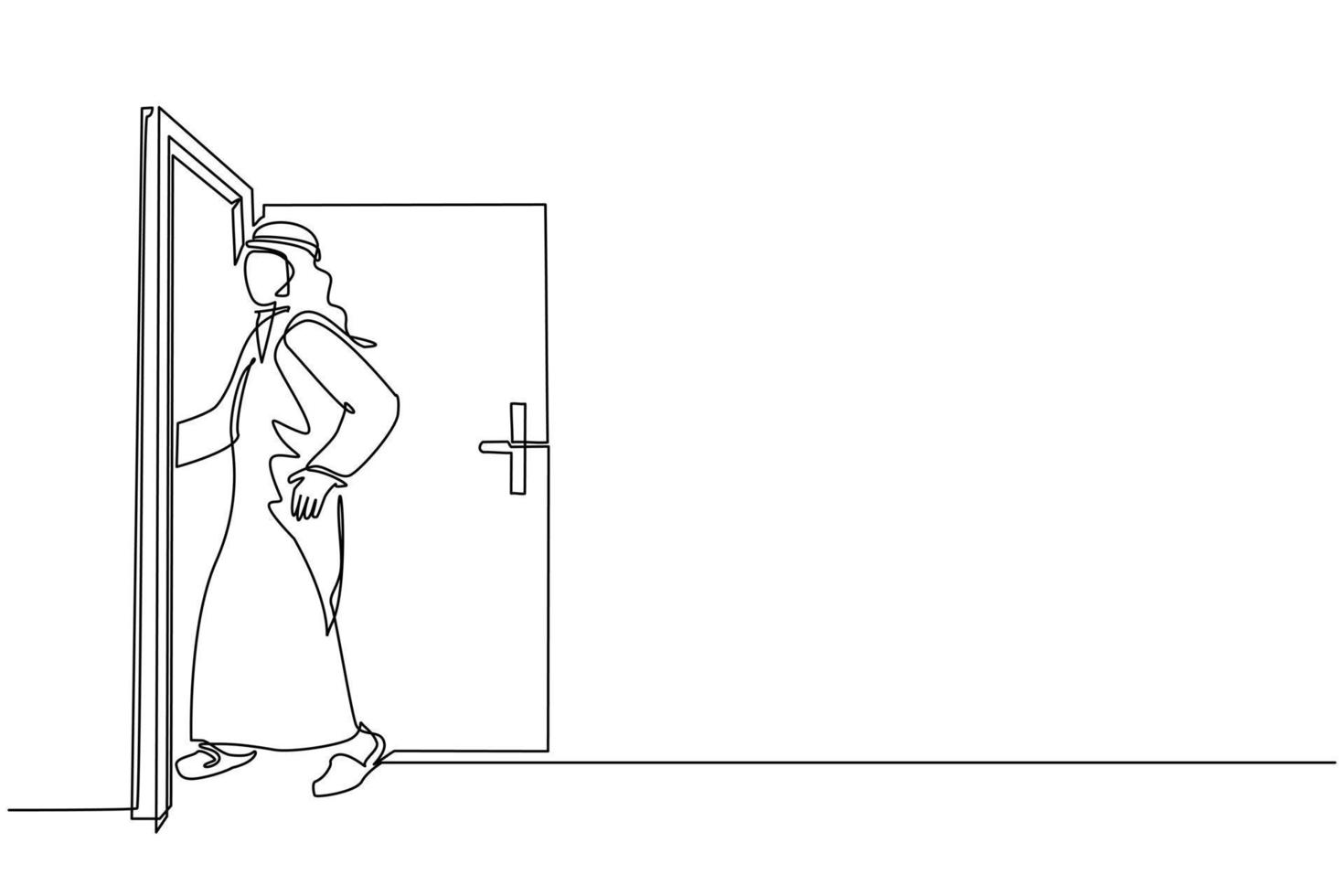 Single one line drawing Arabian businessman enters room through door. Man walking to opened door. Starting new day at office. Business concept. Continuous line draw design graphic vector illustration