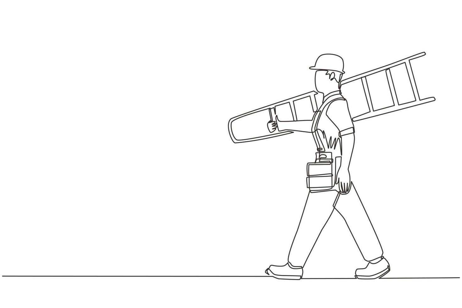Single one line drawing repairman with ladder. Handyman working on call. Carpenter handle activity on renovation home. Hard laborer job. Painter worker handy man. Continuous line draw design vector