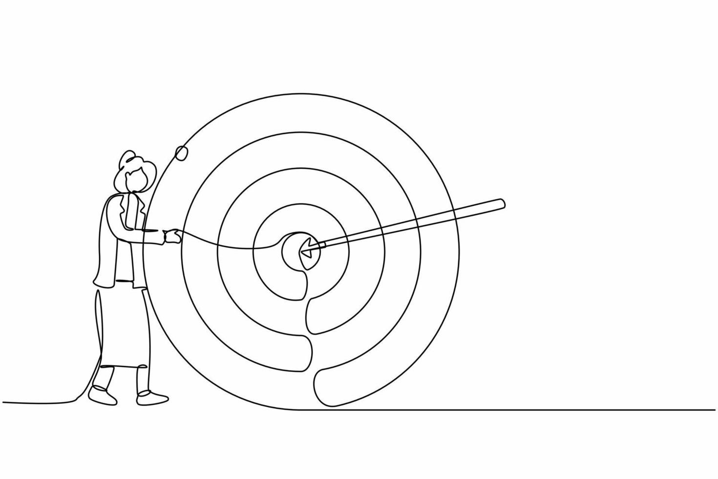 Single continuous line drawing businesswoman hugs and stands next to circle of target, arrow that hit target right in middle, analyze result of achievement within company. One line draw design vector