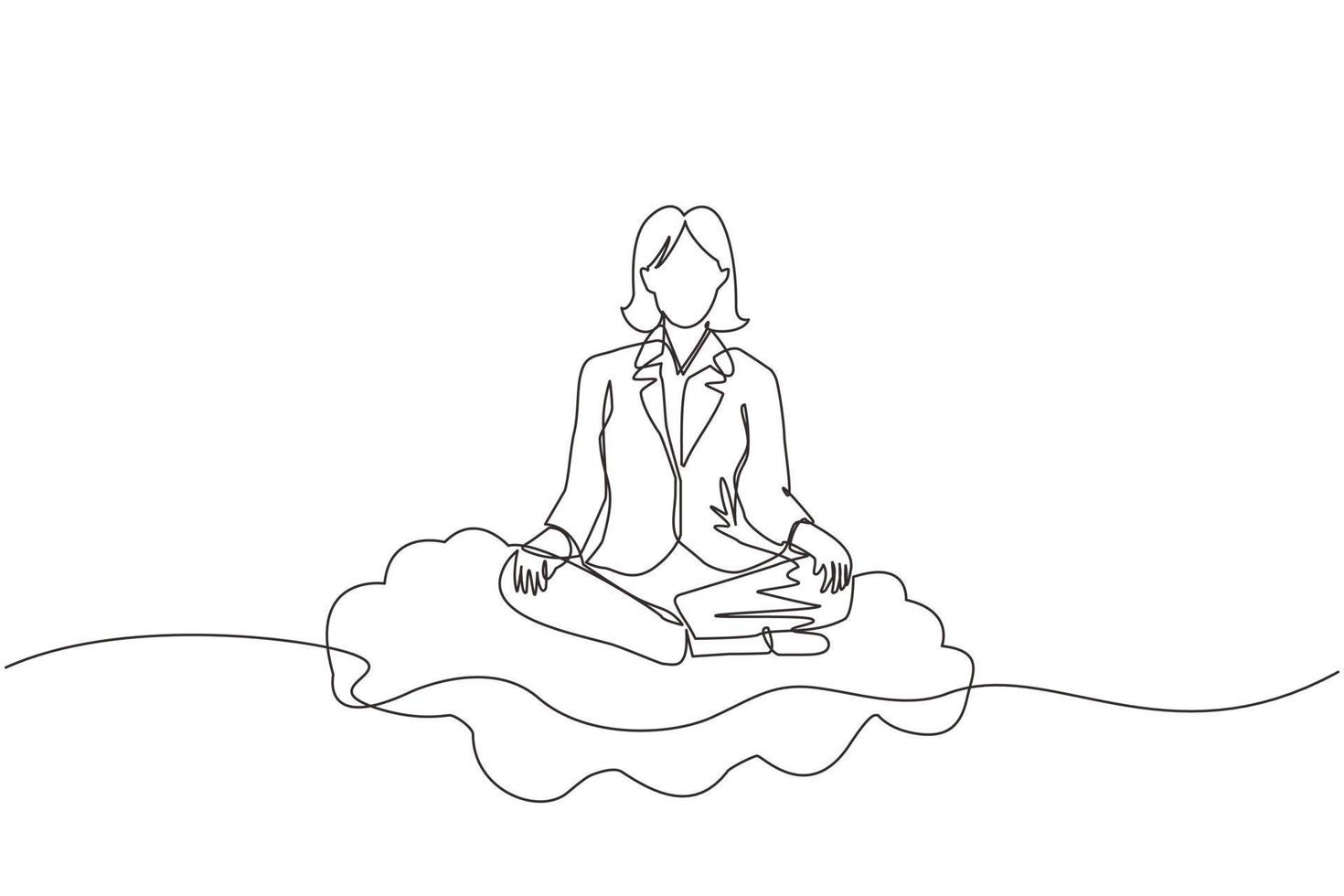 Continuous one line drawing office worker or businesswoman relaxes, meditates in lotus position on clouds. Cheerful woman relaxing with yoga or meditation pose. Single line draw design vector graphic