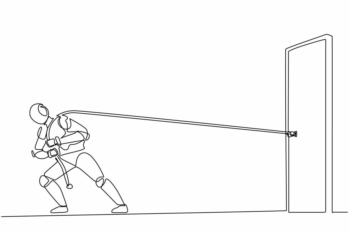 Single continuous line drawing robots pulling heavy door with rope. Modern robotics artificial intelligence technology. Electronic technology industry. One line draw graphic design vector illustration