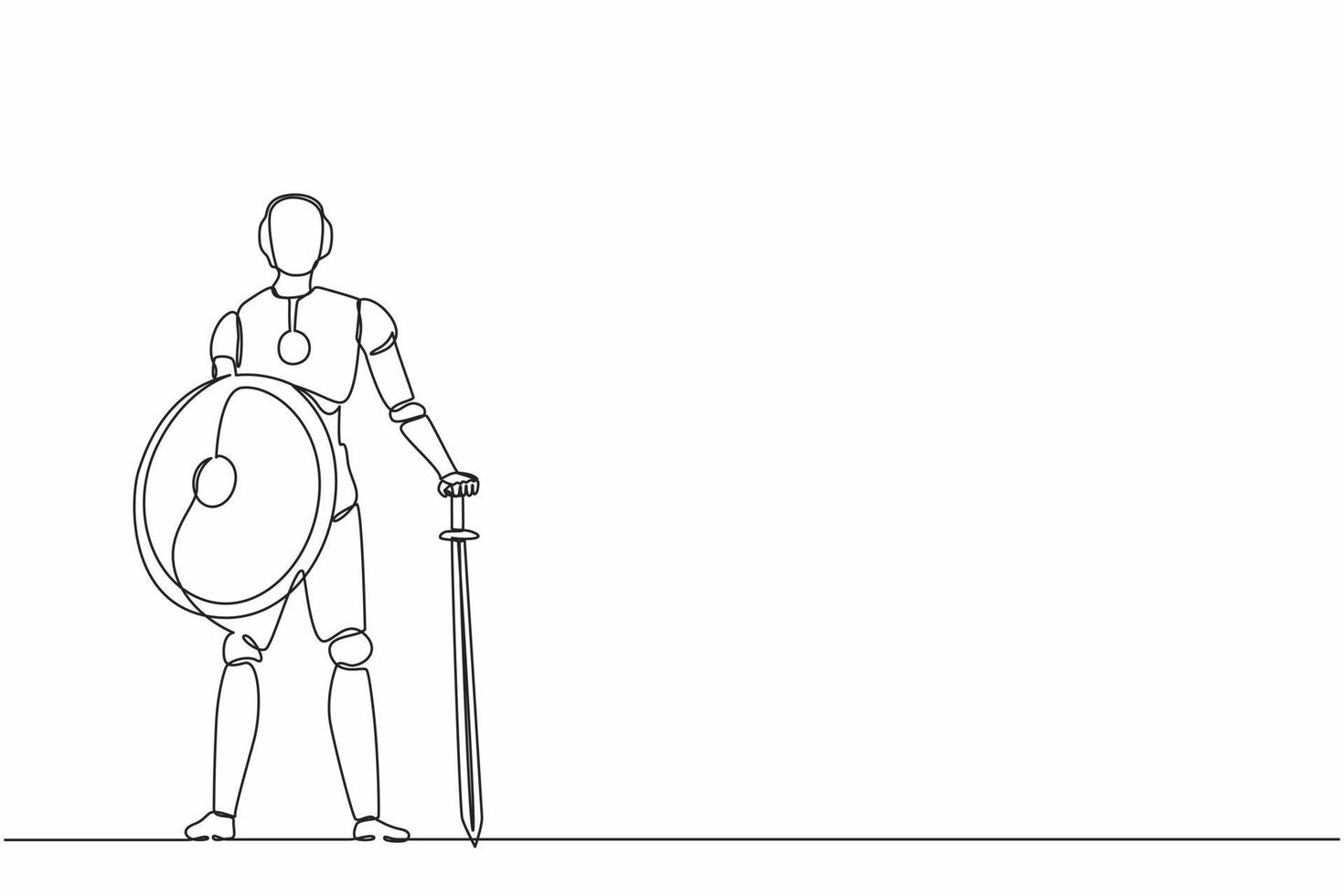 Continuous one line drawing robots stands holding big sword and shield. Humanoid robot cybernetic organism. Future robotics development concept. Single line draw design vector graphic illustration