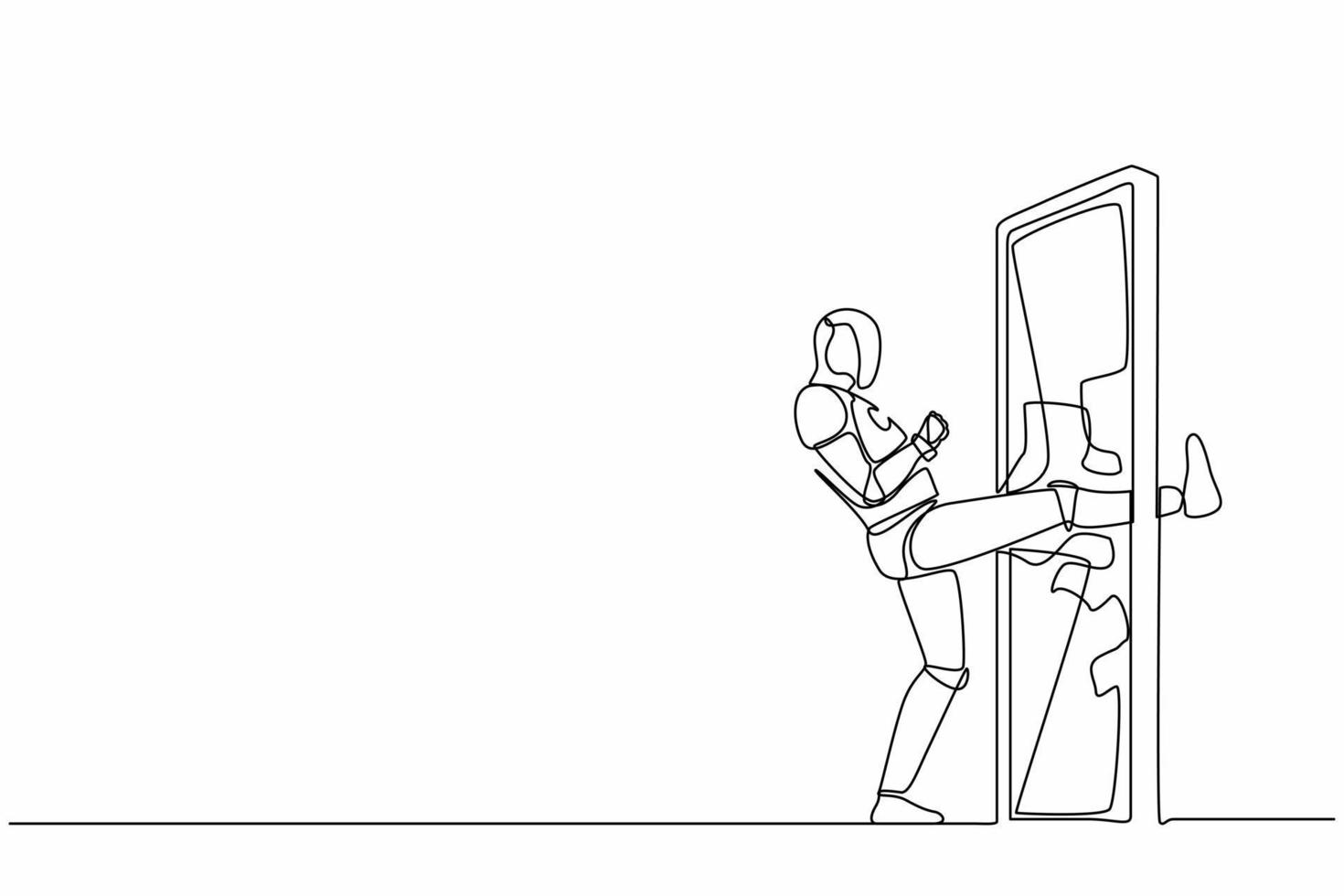 Single one line drawing robot kicking locked door and destroy. Future technology development. Artificial intelligence machine learning process. Continuous line draw design graphic vector illustration