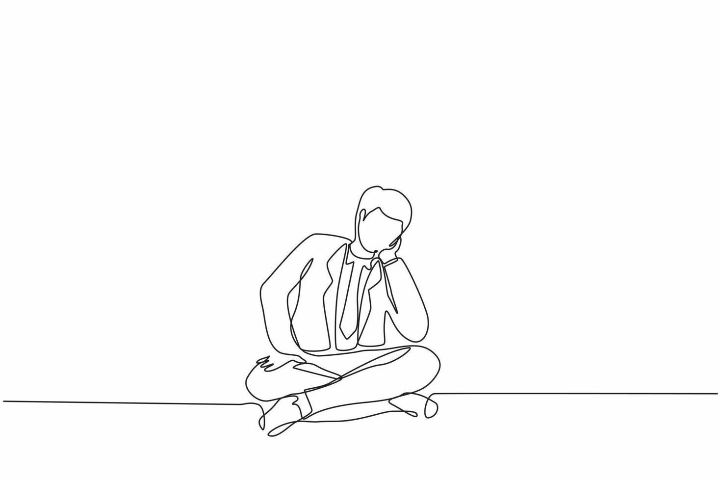 Continuous one line drawing businessman who is asking questions or is confused because he gets into problem. Running out of ideas, daydreaming, sad, depressed. Single line draw design vector graphic