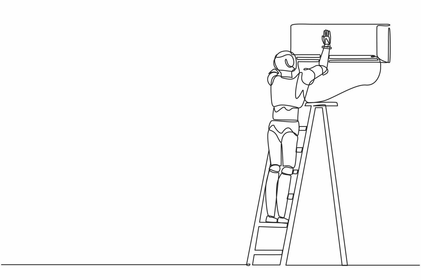 Single one line drawing robot repairman technician repairing air conditioner. Future technology. Artificial intelligence and machine learning. Continuous line draw design graphic vector illustration