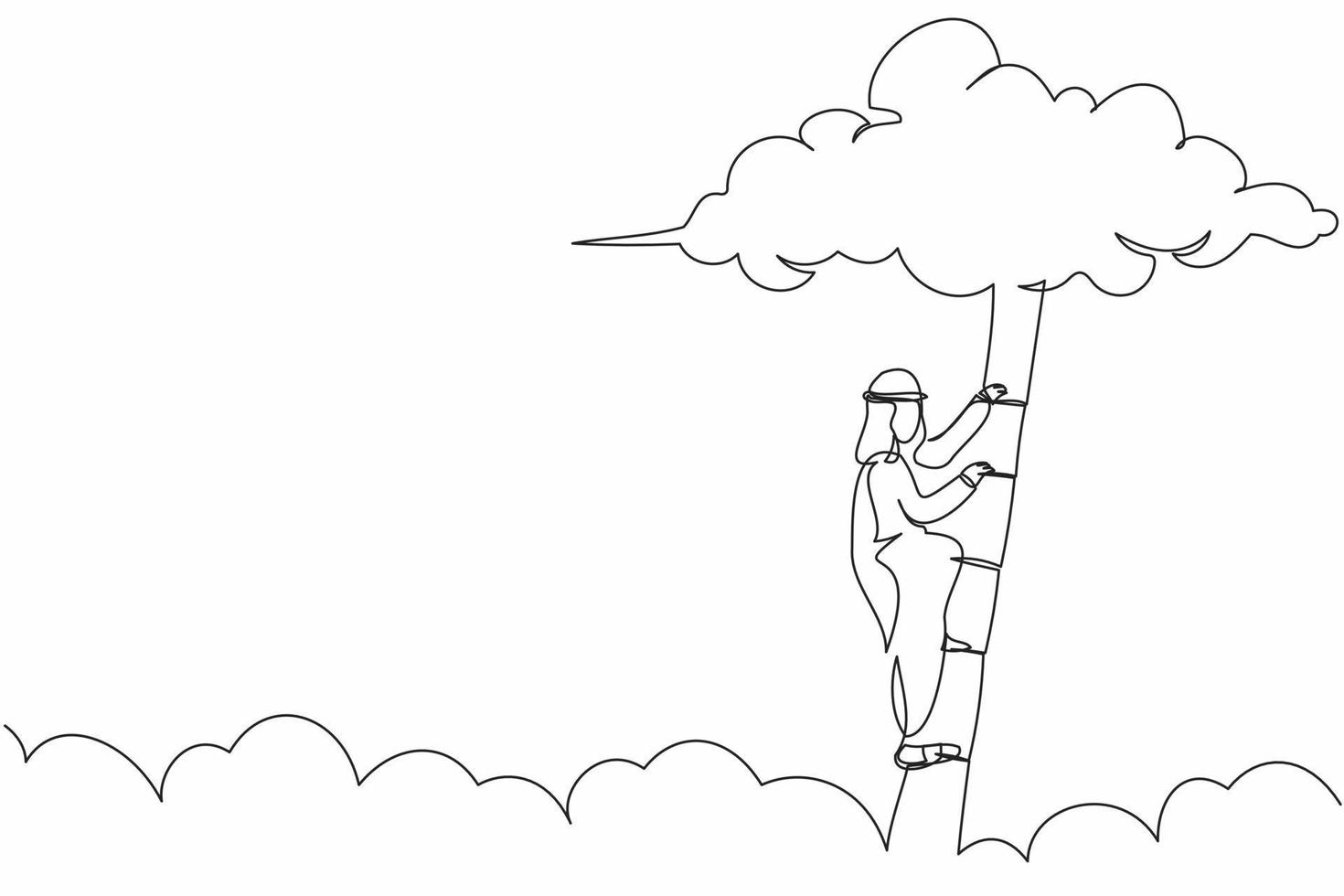 Single one line drawing active Arab businessman climbing up ladder to cloud. Worker rising business development. Professional growth promotion. Continuous line draw design graphic vector illustration