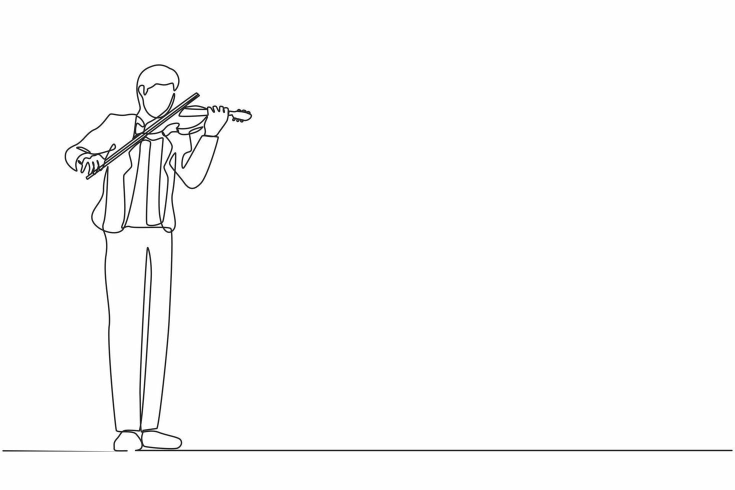 dibujo de una sola línea continua hombre músico tocando el violín. intérprete de música clásica con instrumento musical. músico masculino con traje tocando el violín. ilustración de vector de diseño gráfico de una línea