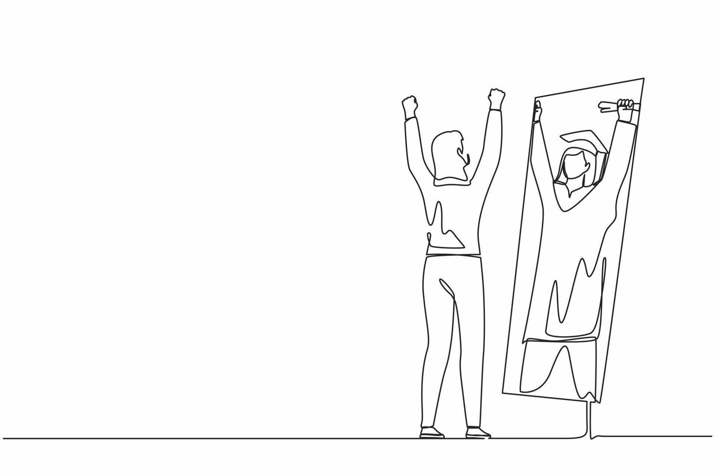 Continuous one line drawing businesswoman standing in front of mirror looking her reflection, imagine herself graduation student with diploma. Successful future in mirror. Single line design vector