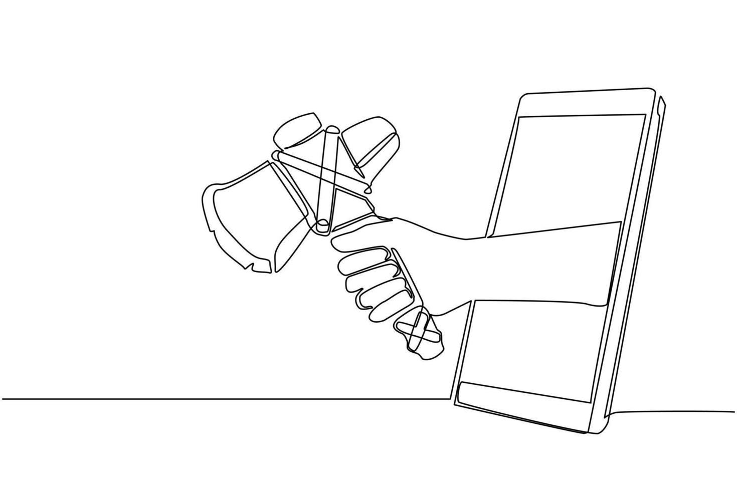 Single continuous line drawing hand holding prehistoric stone axes through mobile phone. Concept of mobile games, e-sport, entertainment application for smartphone. One line draw graphic design vector