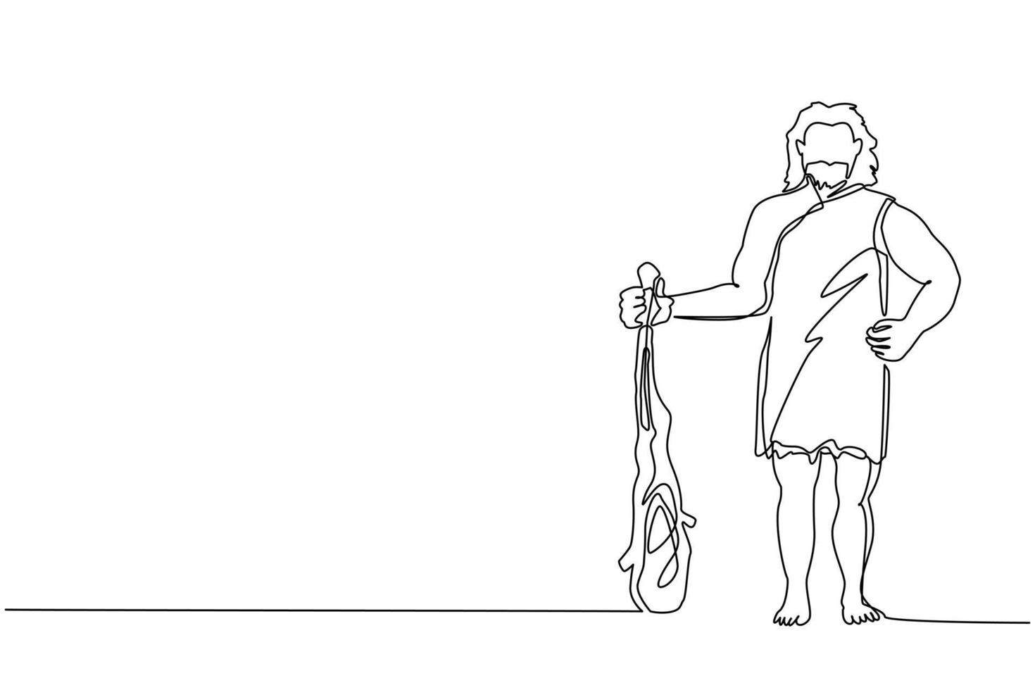 Single one line drawing caveman standing and holding big cudgel. Prehistoric bearded man dressed in animal pelt. Neanderthal hunter. Ancient homosapiens. Continuous line draw design graphic vector