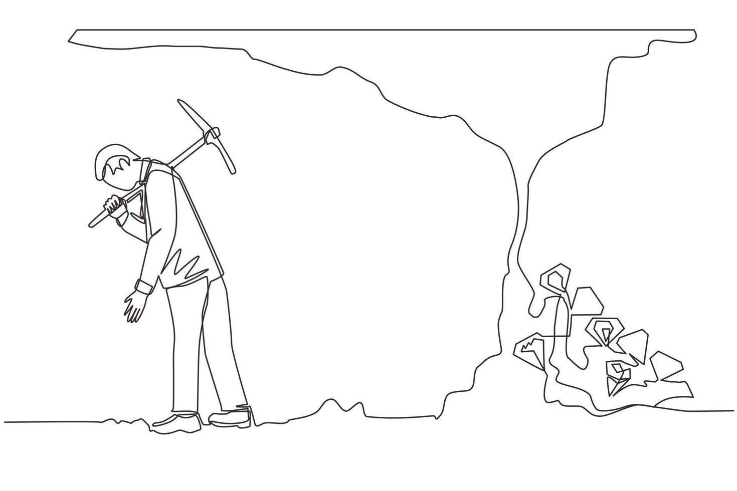 Single continuous line drawing businessman give up before reach money and diamonds. Worker gives up digging not knowing precious diamond is almost revealed. One line graphic design vector illustration