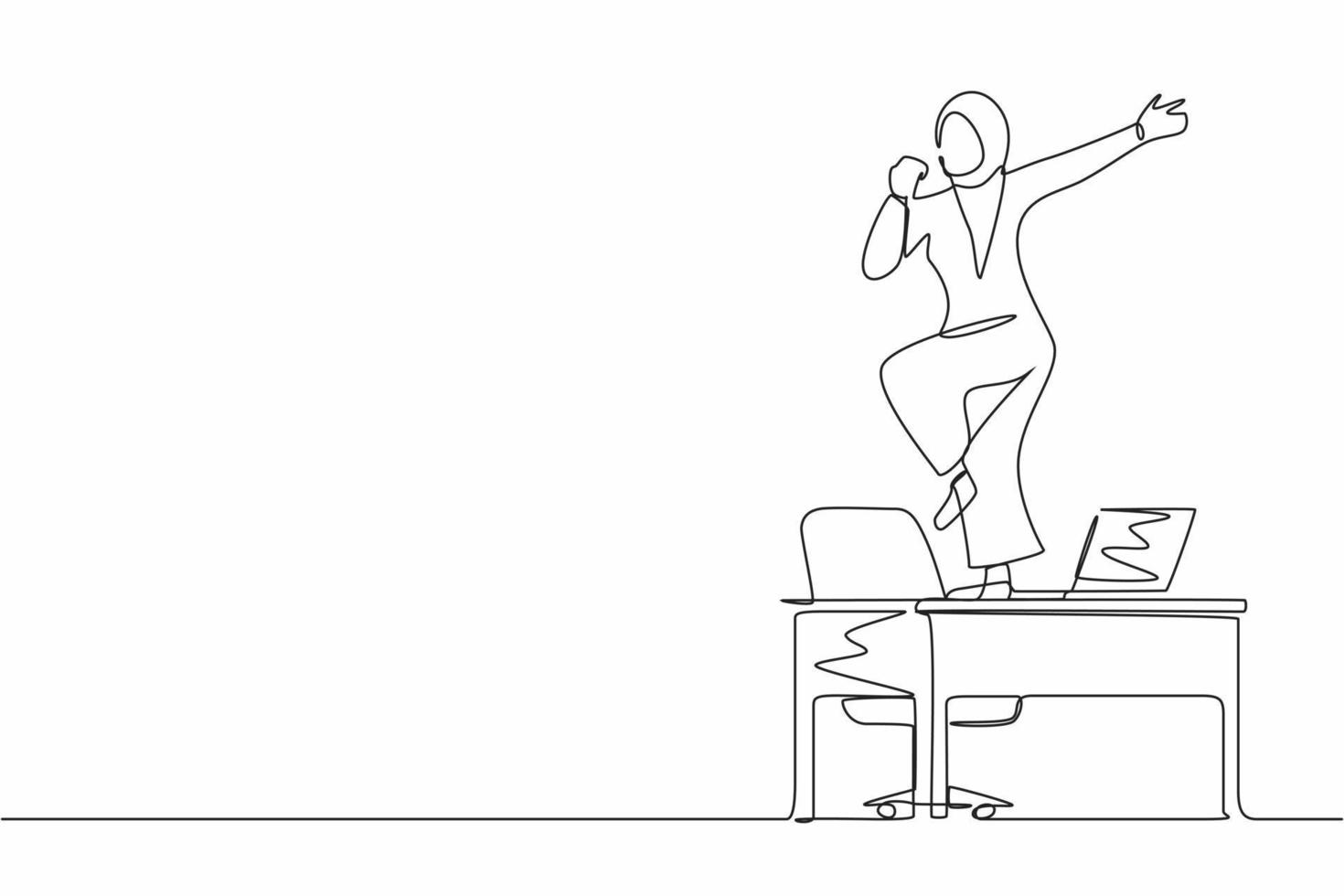 Single continuous line drawing happy office worker dancing on desk. Arabian businesswoman dancing while sitting at desk. Having fun at work. Work from home concept. One line draw graphic design vector