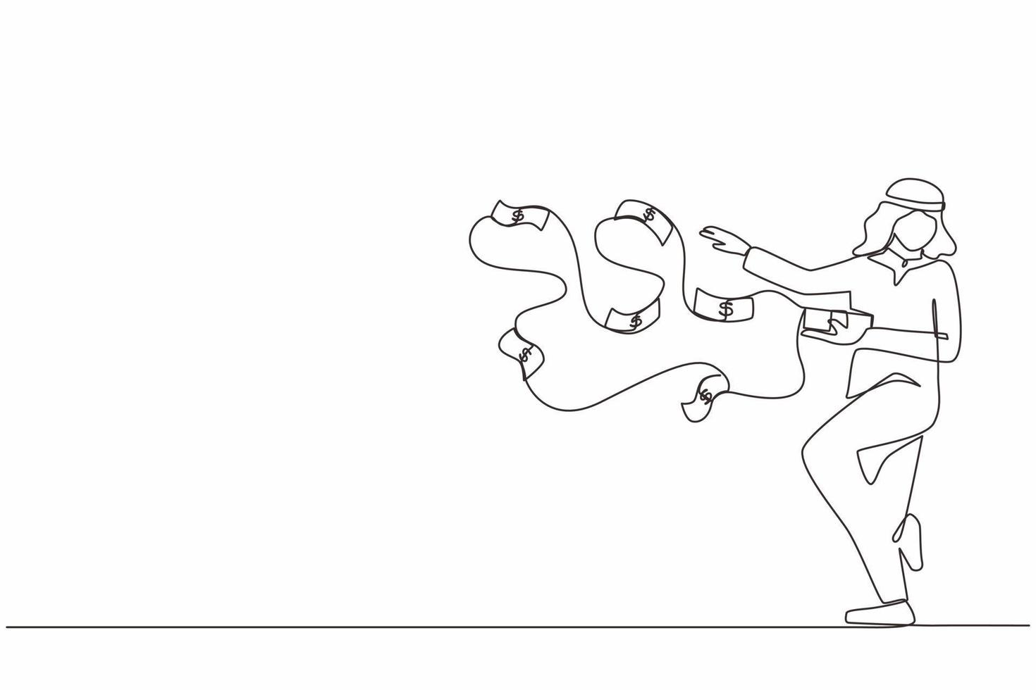 Single one line drawing happy Arabic businessman millionaire throw out pile of money banknotes flying into the air. Success and wealthy fortune entrepreneur. Continuous line draw design graphic vector