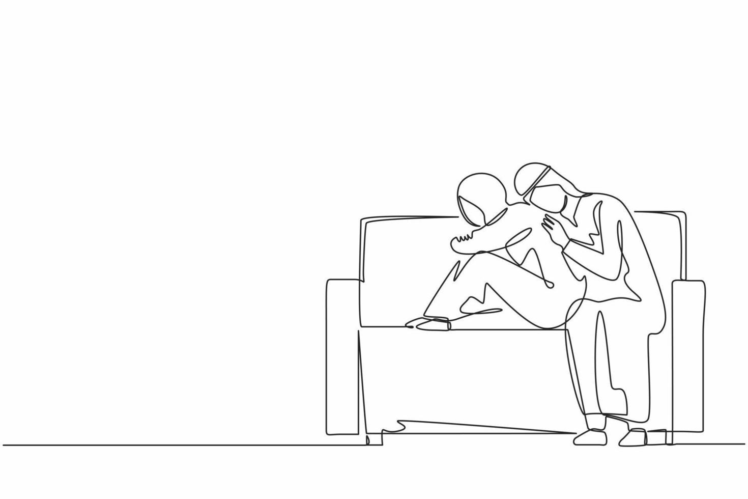 Single continuous line drawing Arab man giving comfort and support to woman, hugging on her shoulder. Girl feeling stress, loneliness, anxiety. Counseling, empathy. One line draw graphic design vector