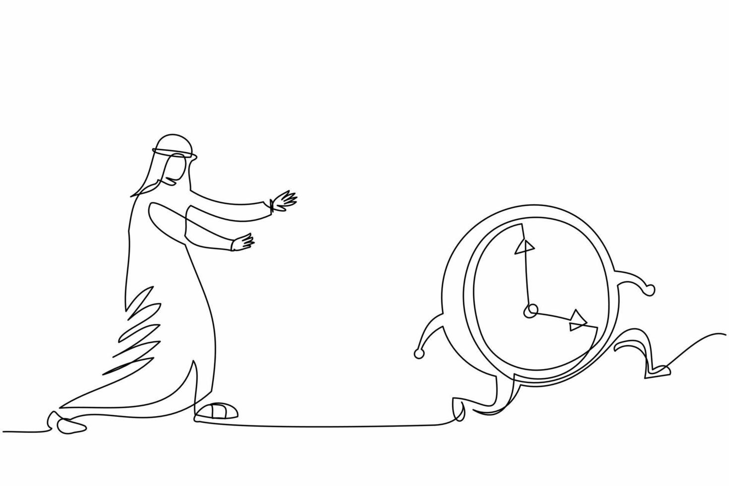 Continuous one line drawing Arab businessman chasing time. Manager runs after clock. Business concept of deadline, time management, fear of being late. Single line design vector graphic illustration