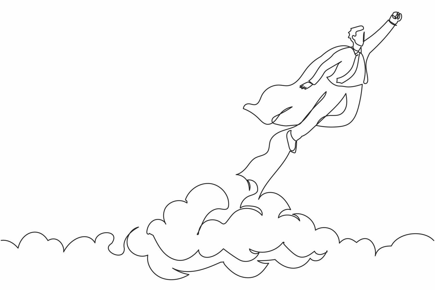 Continuous one line drawing super hero businessman flying up cloud. Super worker in robe cloak takes off. Power, uniqueness, start-up business idea. Single line draw design vector graphic illustration