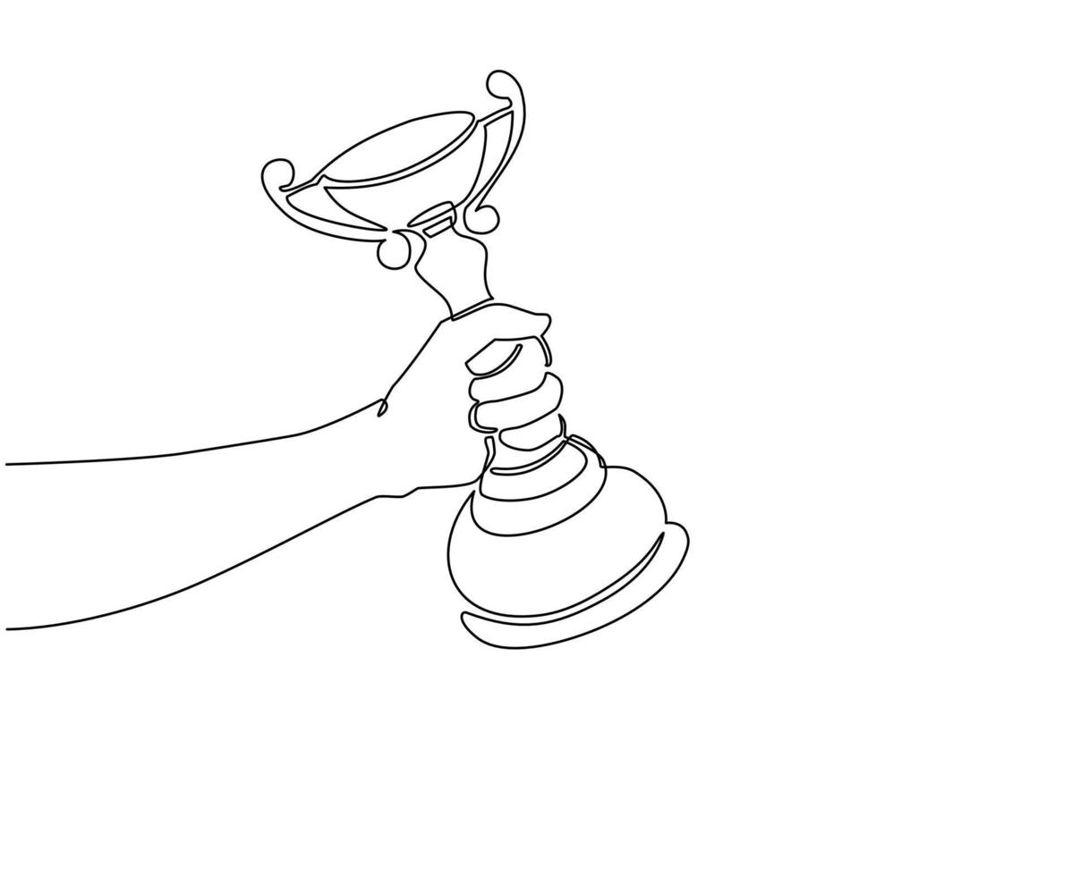 Single one line drawing man hand holding gold cup award icon. Winner prize goblet. First place champion trophy reward. Success and business goals. Modern continuous line draw design graphic vector
