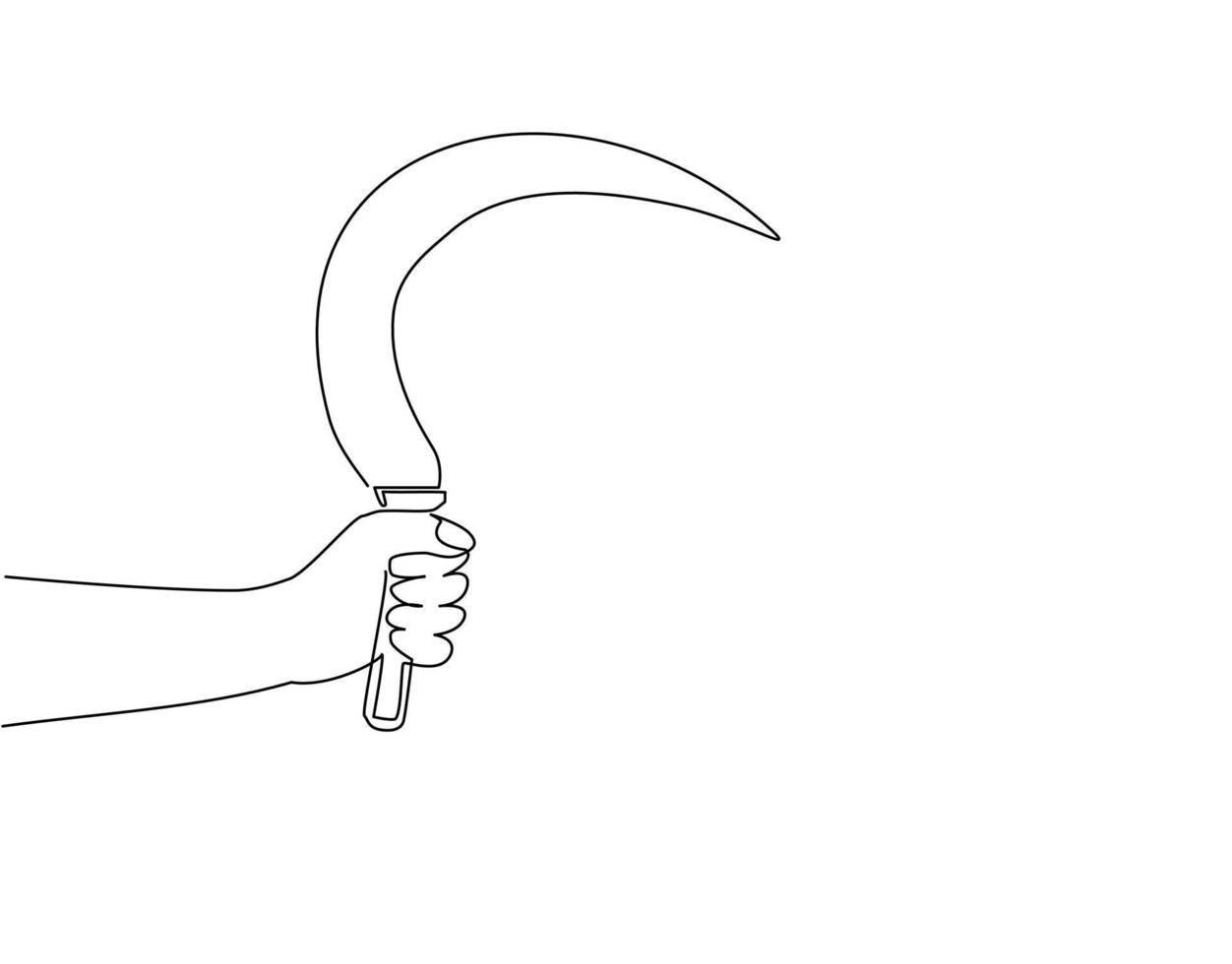 Single continuous line drawing hand holding farm sickle. Sickle agricultural hand tool for mowing grass or reaping crops, sketch engraving flat isolated. Dynamic one line draw graphic design vector