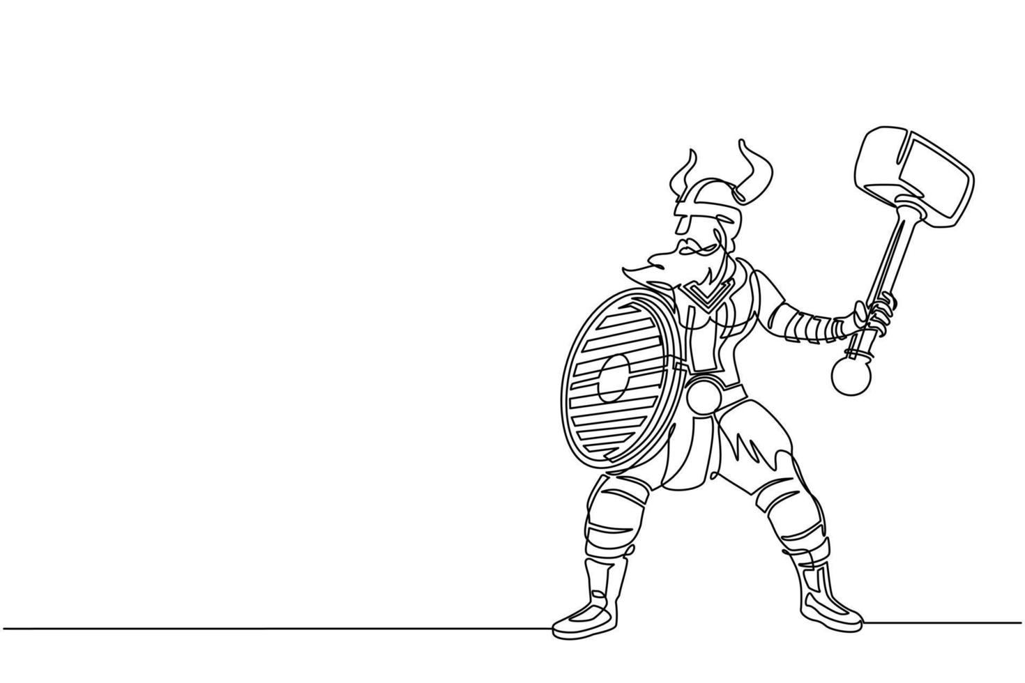 Continuous one line drawing big strong muscular orange warrior viking with hammer and shield furiously attack. Viking in horned helmet holding hammer and shield. Single line draw design vector graphic