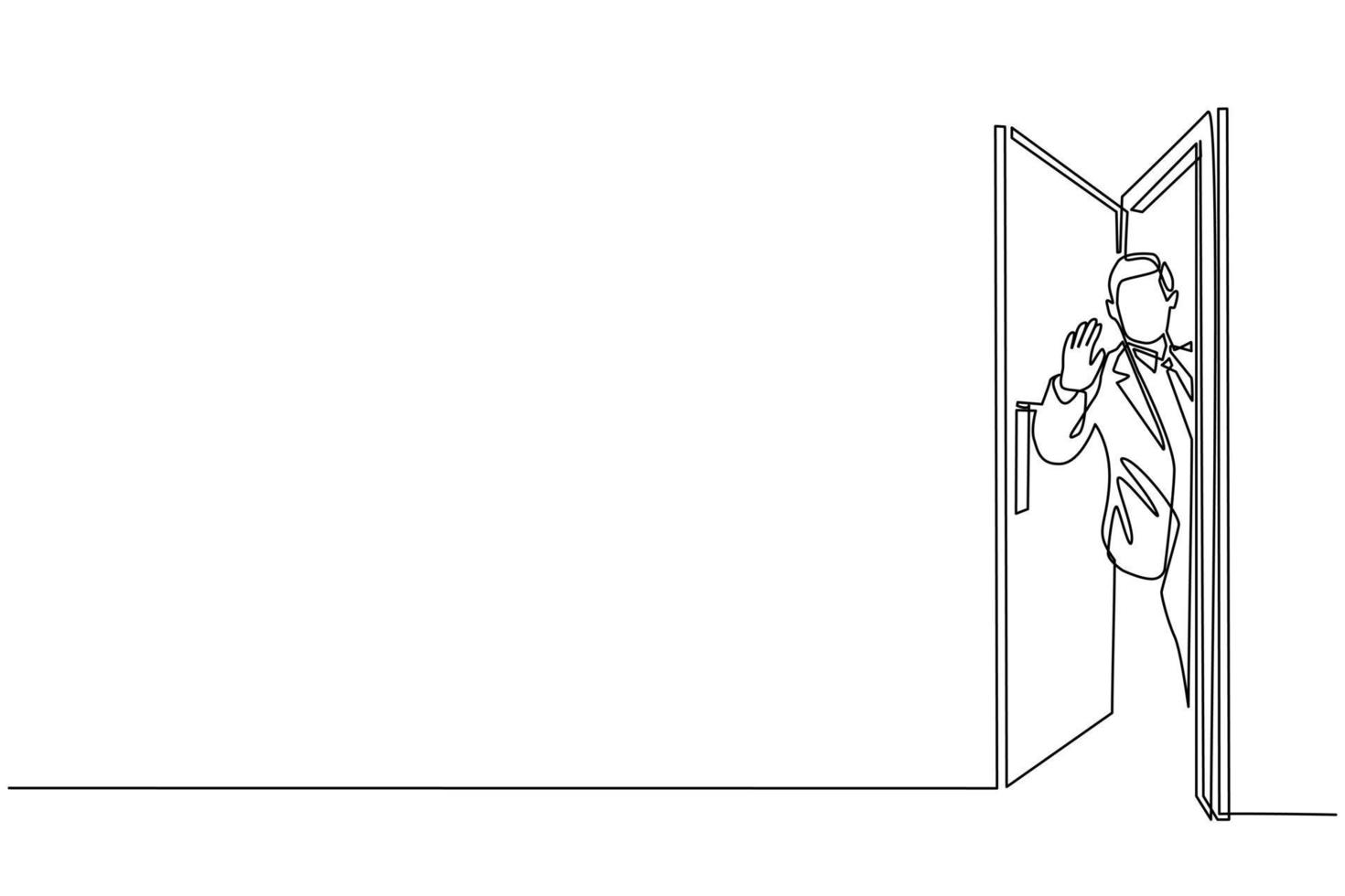 empresario de dibujo de una línea continua mirando desde detrás de la puerta abierta. joven asomándose a la puerta y agitando las manos. macho alegre de pie en la puerta. ilustración gráfica de vector de diseño de dibujo de una sola línea