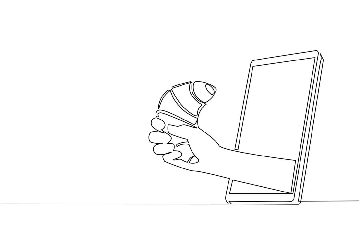 Single continuous line drawing human hand holding fresh baked croissant through mobile phone. Concept of restaurant order delivery online food. Application for smartphones. One line draw design vector