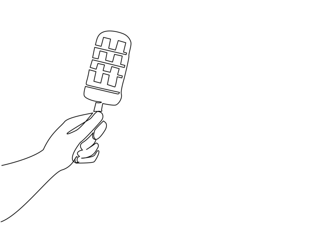 Single one line drawing hand holding popsicle. Ice cream on stick in human hands. Fruit juice ice cream. For restaurant or cafe drink menu. Continuous line draw design graphic vector illustration