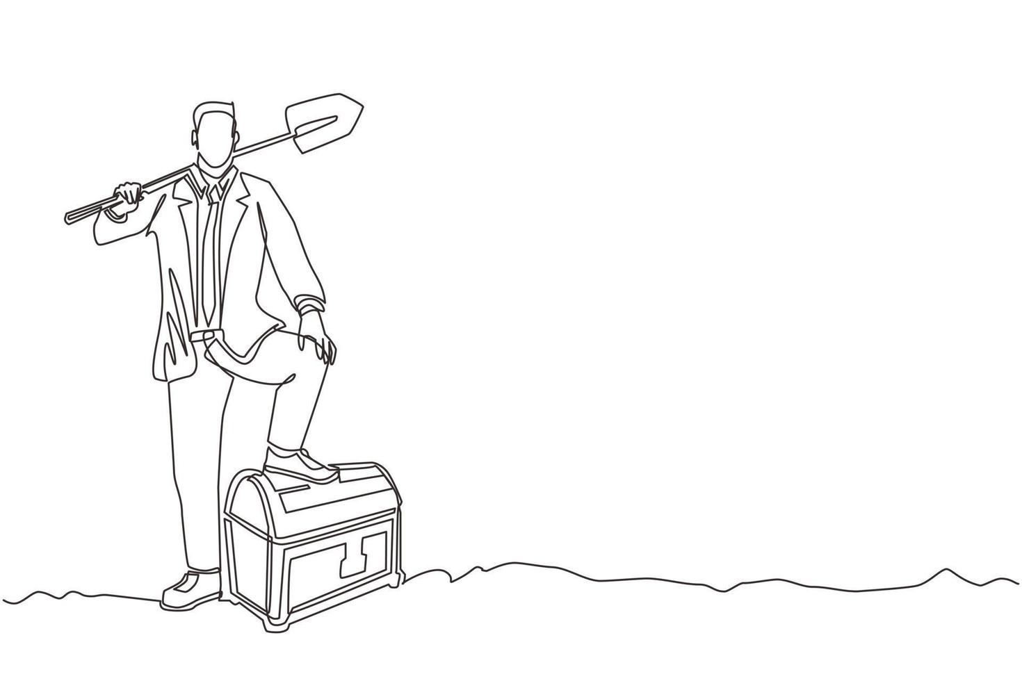 Single continuous line drawing businessman digging ground with shovel and finding treasure chest. Success business, achievement, and discovery concept. One line draw graphic design vector illustration