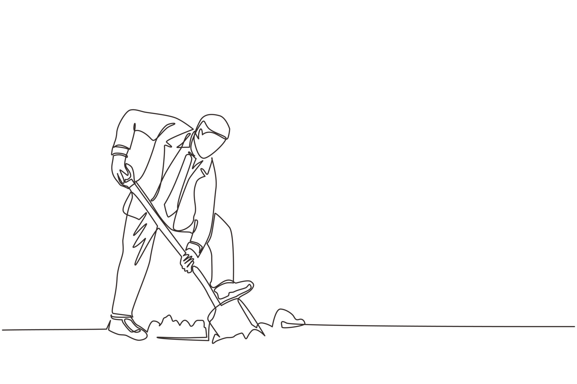 Single one line drawing businessman digging in dirt using shovel. Man