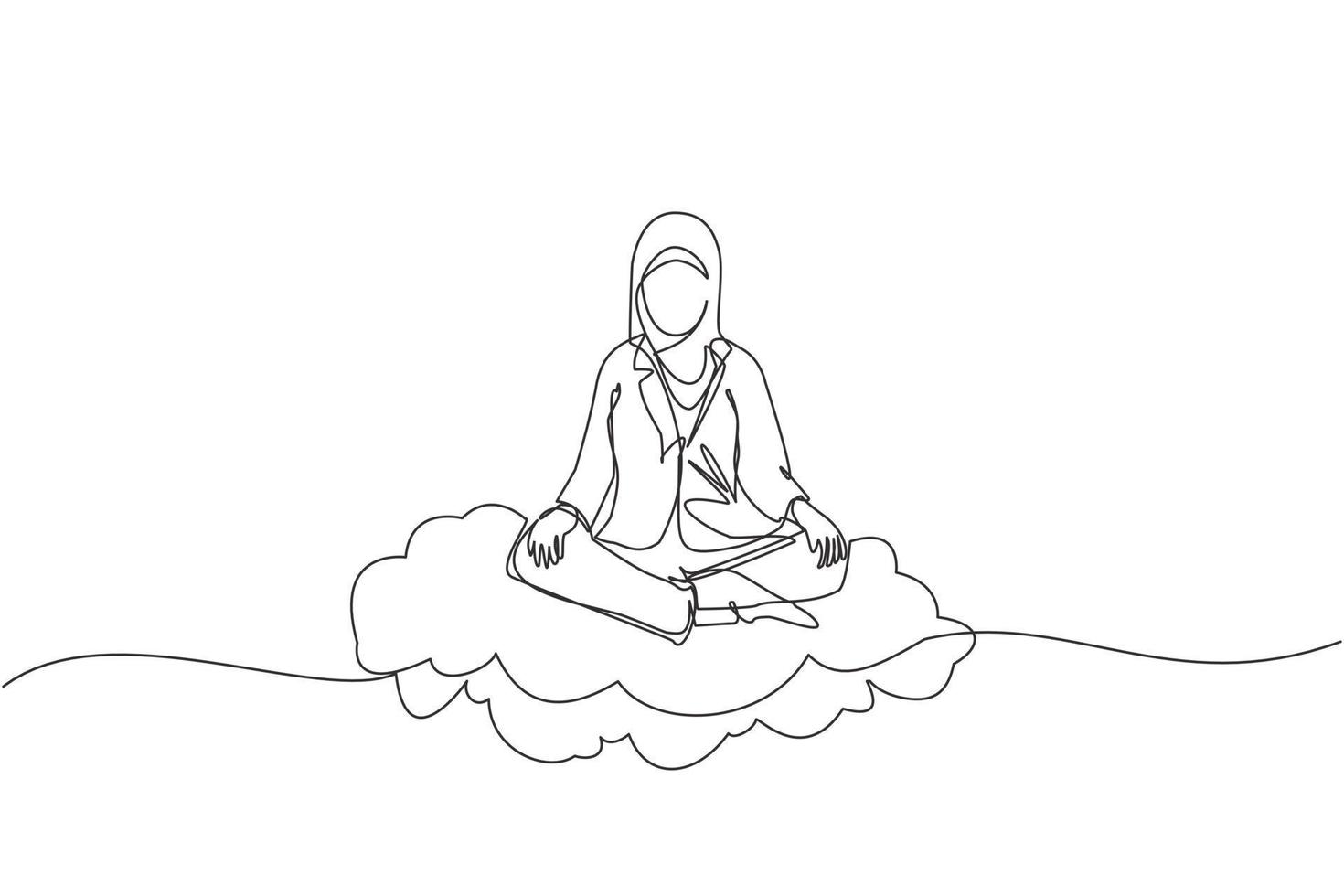 Continuous one line drawing Arabian businesswoman relaxes, meditates in lotus position on clouds. Cute woman relaxing with yoga or meditation pose. Single line draw design vector graphic illustration