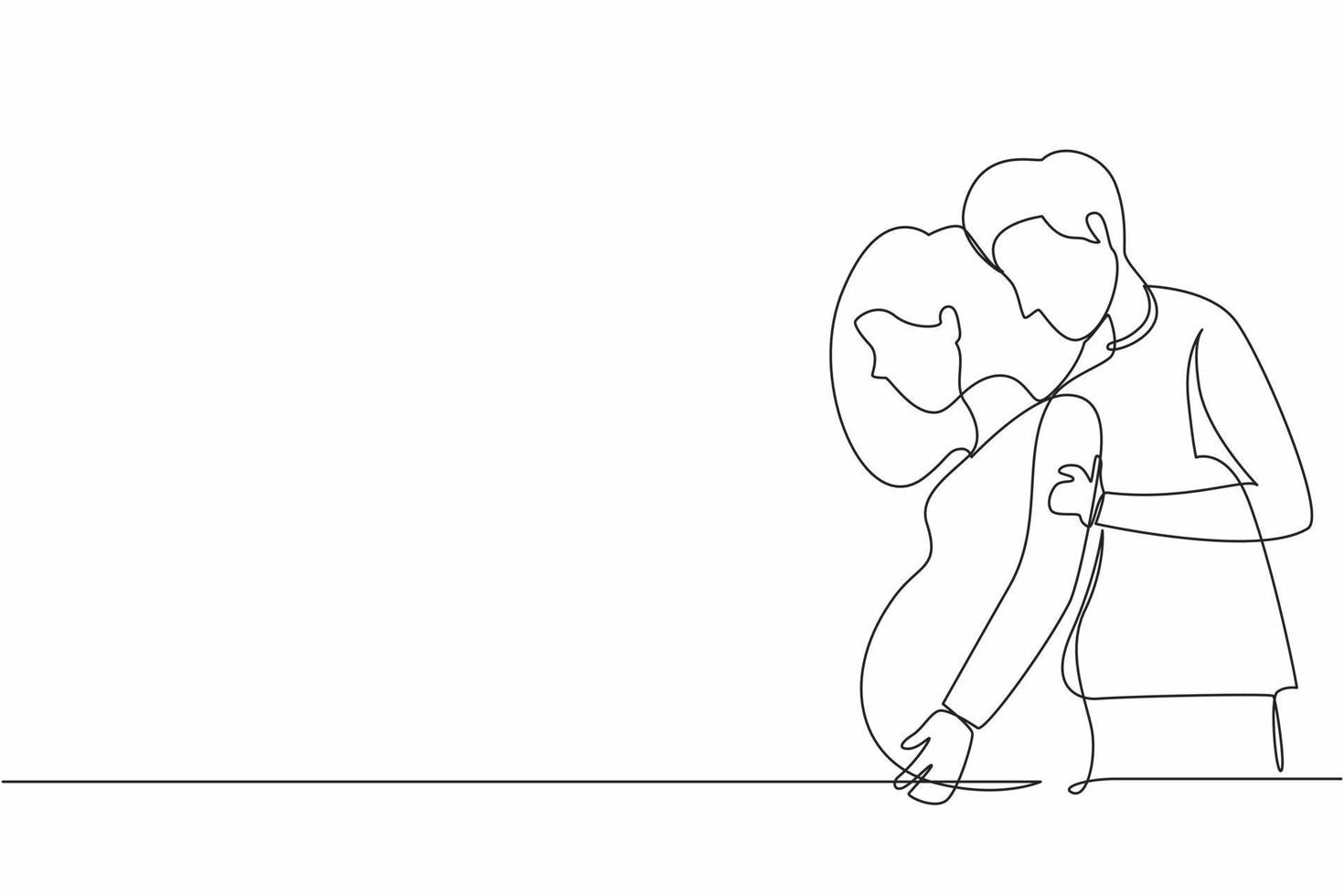 dibujo continuo de una línea el hombre o el marido abrazaron cuidadosamente a la mujer embarazada. marido y mujer esperan bebé, padres jóvenes, apoyo familiar. ilustración gráfica de vector de diseño de dibujo de una sola línea