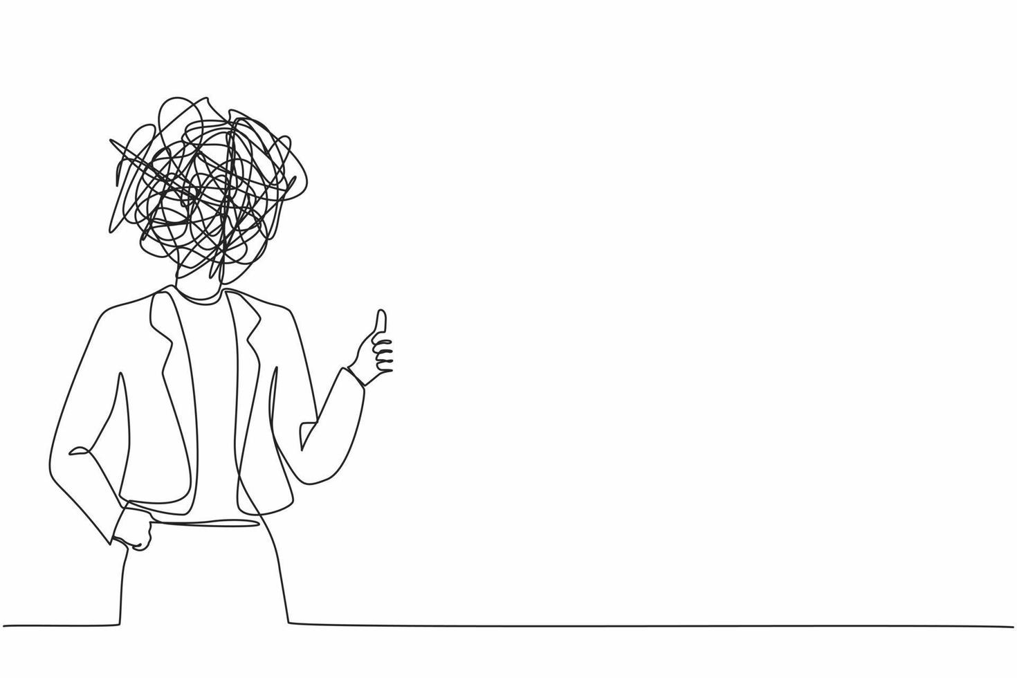 Single continuous line drawing businesswoman with round scribbles instead of a head. Female manager showing thumbs up sign. Deal, like, agree, approve, accept. One line draw design vector illustration