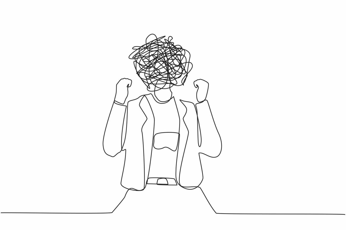 Continuous one line drawing businesswoman with round scribbles instead of head. Angry woman raised fist, shout or screaming expression. Woman expresses negative emotion. Single line draw design vector